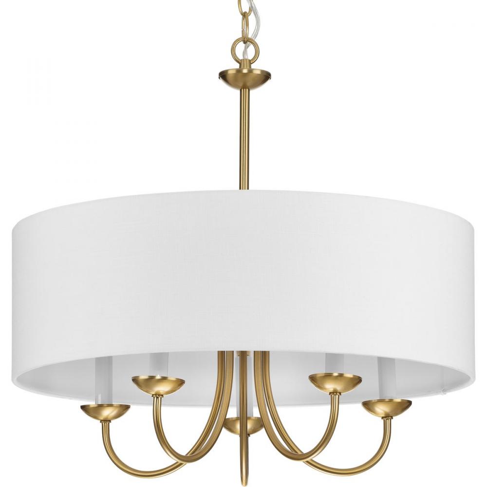 Drum ShadeCollection Five-Light Brushed Bronze White Fabric Shade New Traditional Chandelier Light