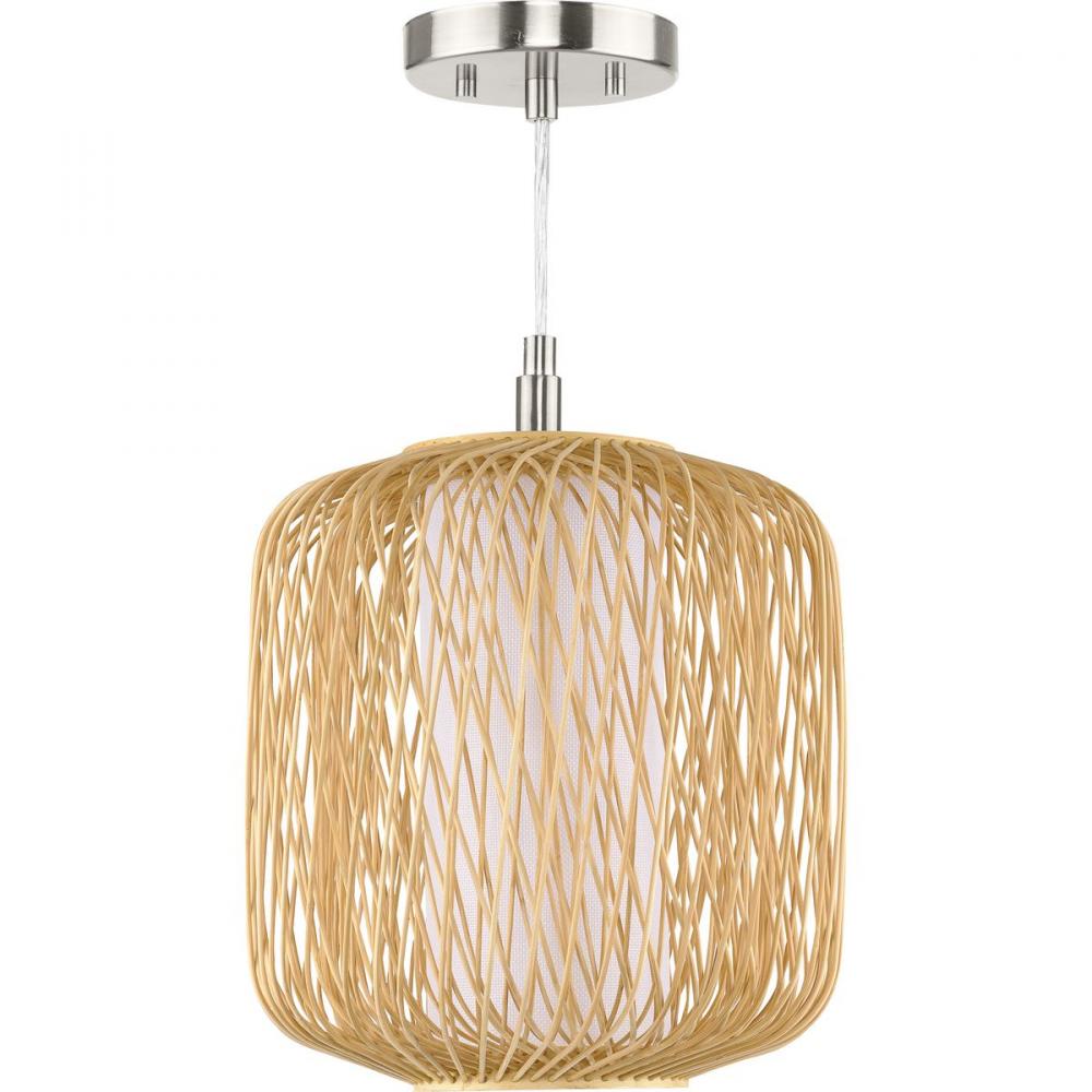 Cordova Collection One-Light Natural Rattan Organic Modern Mini-Pendant with White Linen Shade