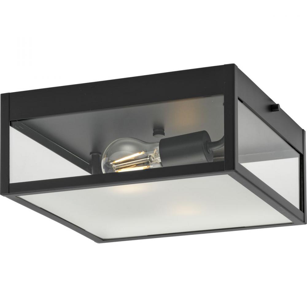 Parrish Collection Two-Light Matte Black Clear and Etched Glass Modern Craftsman Outdoor Flush Mount