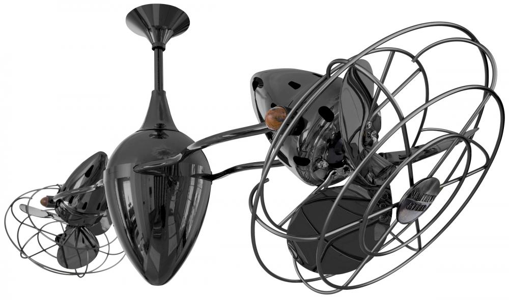 Ar Ruthiane 360° dual headed rotational ceiling fan in black nickel finish with metal blades.