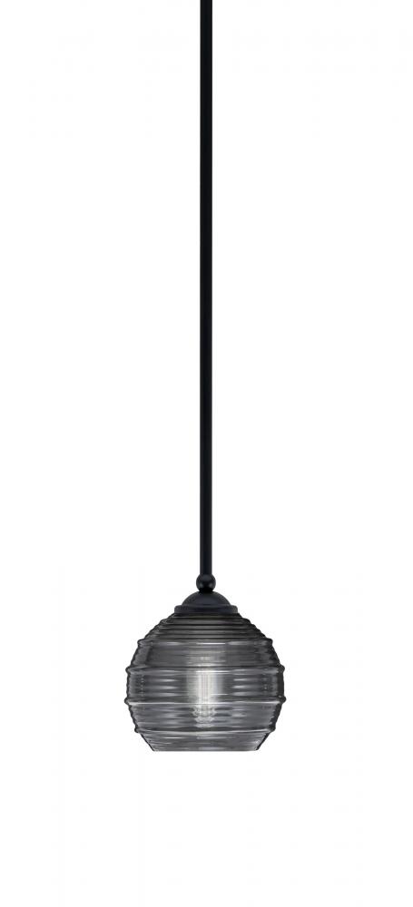 Zilo Stem Mini Pendant, Matte Black Finish, 6" Smoke Ribbed Glass