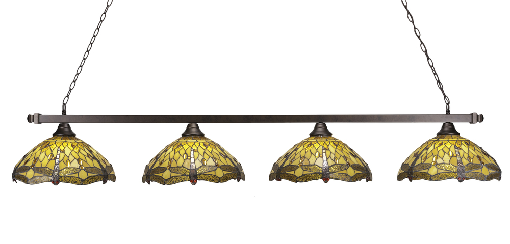 Four Light Bronze Amber Dragonfly Tiffany Glass Island Light